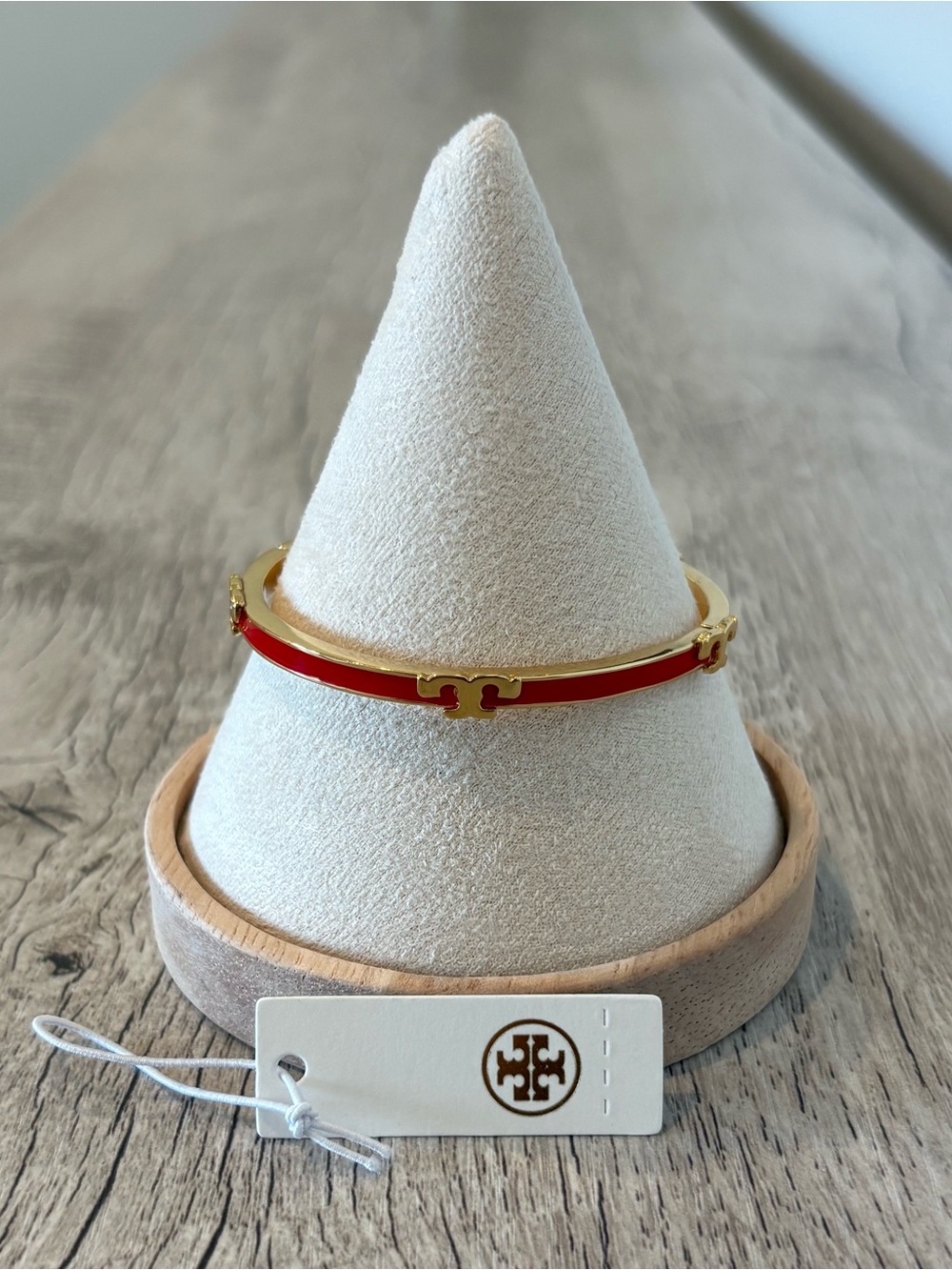 Tory Burch Red Enamel and Gold-Tone Logo Bangle Bracelet